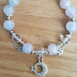 Moonstone And Silvertone Beaded Bracelet W/Moon And Stars.